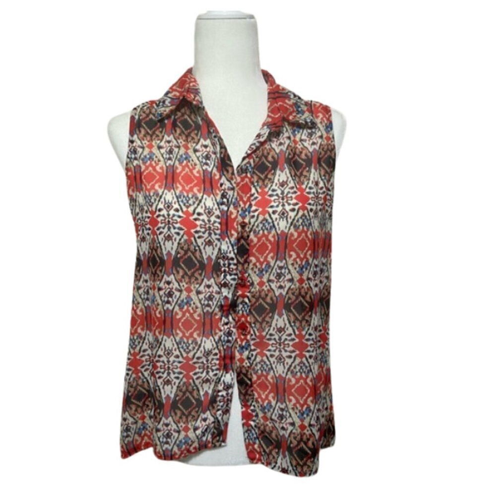 Sans Souci women's S semi sheer sleeveless artsy boho print button back top GUC